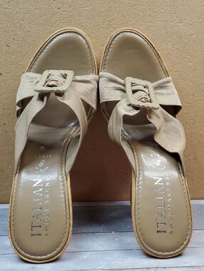 Italian Shoemakers Tan Slip-On Wedges with Knotted Buckle Size 9